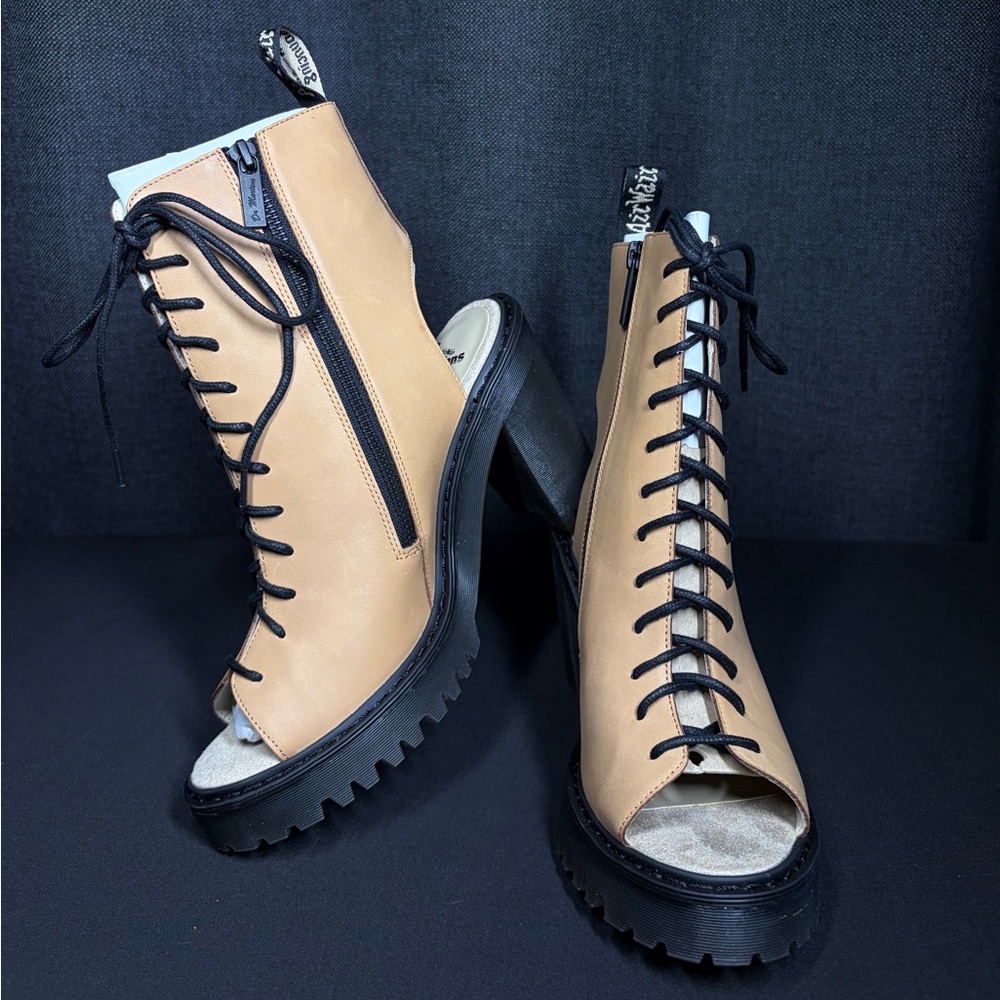 Dr. Martens Carmelita Platform Heeled Boots Tan Lace Up Peep Toe